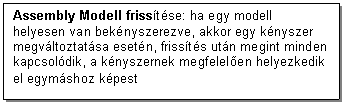 Text Box: Assembly Modell frisstse: ha egy modell helyesen van beknyszerezve, akkor egy knyszer megvltoztatsa esetn, frissts utn megint minden kapcsoldik, a knyszernek megfelelen helyezkedik el egymshoz kpest