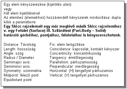 Text Box: Egy elem knyszerezse (kijells utn)
vagy
Kt elem kijellsvel
Az elemhez (elemekhez) hozzrendelt knyszerek mdostsa: dupla klikk a paramterre
Egy Skicc rajzelemeit egy mr meglv msik Skicc rajzelemihez v. egy Fellet (Surface) ill. Szilrdtest (Part.Body - Solid) hatrol grbihez, pontjaihoz, felleteihez is knyszerezhetnk.

Distance: Tvolsg Fix: elem lergztse
Length: hosszsg Coincidence: kapcsolat, kontakt knyszer
Angle: szg Concentricity: koncentrikussg
Radius / Diameter Tangency: rintlegessg
Semimajor axis: Parallelism: prhuzamossg
Semiminor axis: Perpendicular: merlegessg
Symmetry: szimmetria Horizontal: (H) tengellyel prhuzamos
Midpoint: felez pont Vertical: (V) tengellyel prhuzamos
Equidistant point: 
