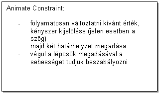 Text Box: Animate Constraint:

- folyamatosan vltoztatni kvnt rtk, knyszer kijellse (jelen esetben a szg)
- majd kt hatrhelyzet megadsa
- vgl a lpcsk megadsval a sebessget tudjuk beszablyozni
