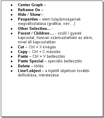 Text Box: . Center Graph - 
. Reframe On - 
. Hide / Show - 
. Peoperties - elem tulajdonsgainak megvltoztatsa (grafikai, nv ...)
. Other Selection. - 
. Parent / Children . - szl / gyerek kapcsolat, honnan szrmaztathat az elem, mivel ll kapcsolatban
. Cut - Ctrl + X kivgs
. Copy - Ctrl + C msols
. Paste - Ctrl + V beilleszts
. Paste Special - specilis beilleszts
. Delete - trls
. Line1.object - a kijellt objektum tovbbi definilsa, mretezse


