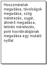 Text Box: Hosszmretek megadsa, tvolsgok megadsa, szg mretezs, sugr, tmr megadsa, letrs mretezs, pont koordintjnak megadsa egy mutat nyllal