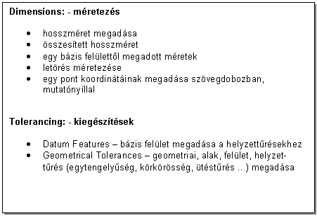 Text Box: Dimensions: - mretezs 

. hosszmret megadsa 
. sszestett hosszmret 
. egy bzis fellettl megadott mretek 
. letrs mretezse
. egy pont koordintinak megadsa szvegdobozban, mutatnyllal


Tolerancing: - kiegsztsek 

. Datum Features - bzis fellet megadsa a helyzettrsekhez 
. Geometrical Tolerances - geometriai, alak, fellet, helyzet-trs (egytengelysg, krkrssg, tstrs ...) megadsa 
