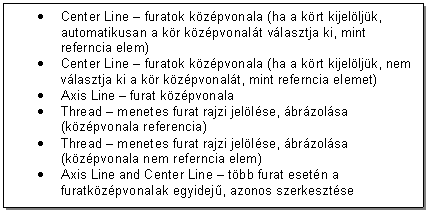 Text Box: . Center Line - furatok kzpvonala (ha a krt kijelljk, automatikusan a kr kzpvonalt vlasztja ki, mint referncia elem)
. Center Line - furatok kzpvonala (ha a krt kijelljk, nem vlasztja ki a kr kzpvonalt, mint referncia elemet)
. Axis Line - furat kzpvonala 
. Thread - menetes furat rajzi jellse, brzolsa (kzpvonala referencia)
. Thread - menetes furat rajzi jellse, brzolsa (kzpvonala nem referncia elem)
. Axis Line and Center Line - tbb furat esetn a furatkzpvonalak egyidej, azonos szerkesztse
